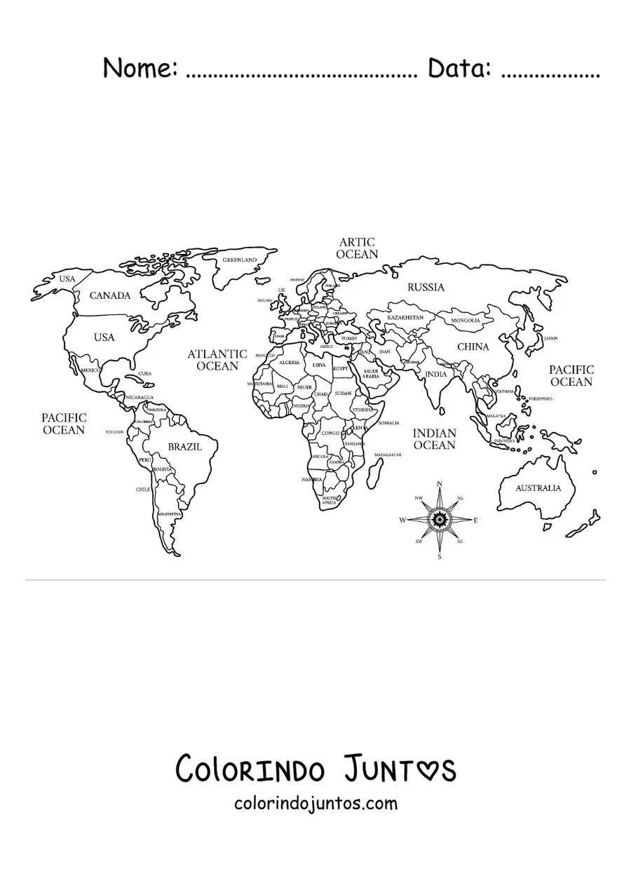 Desenho para colorir de mapa-múndi político com os nomes dos países
