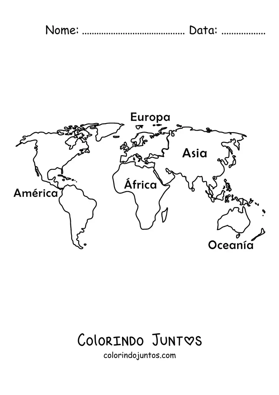 Desenho para colorir de mapa-múndi com os nomes dos continentes