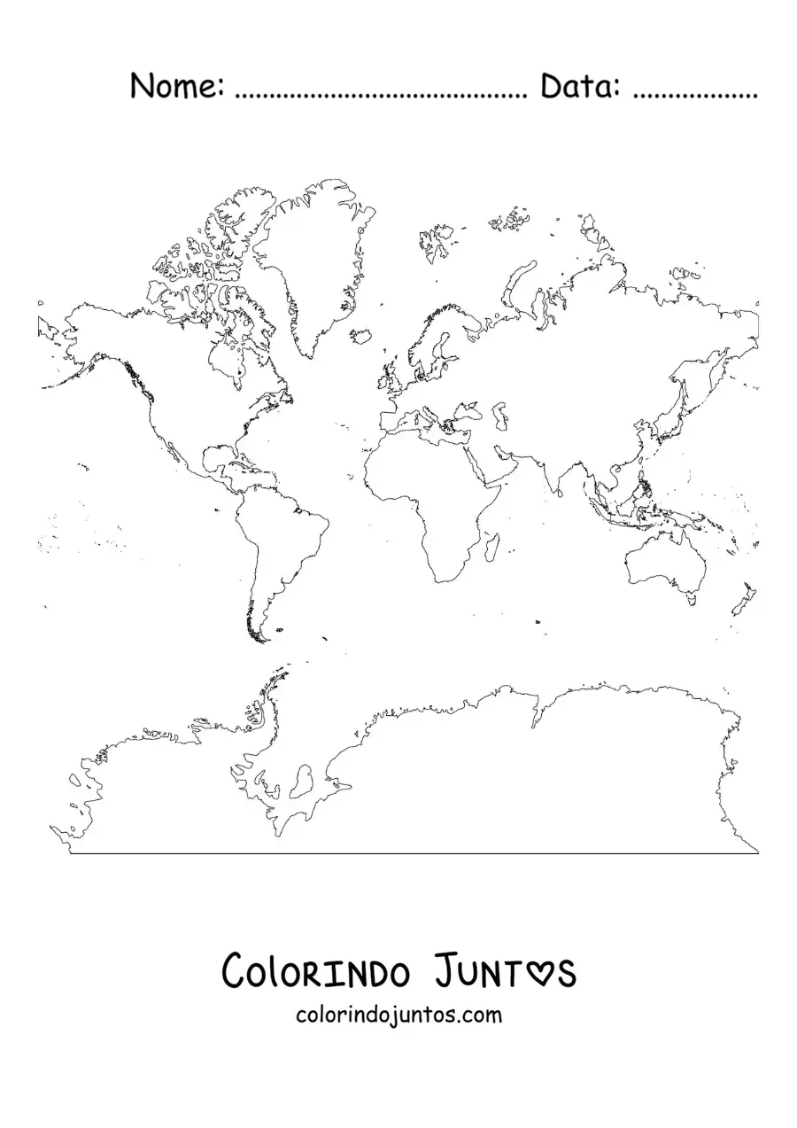 Desenho para colorir de mapa-múndi de Mercator com a Antártida