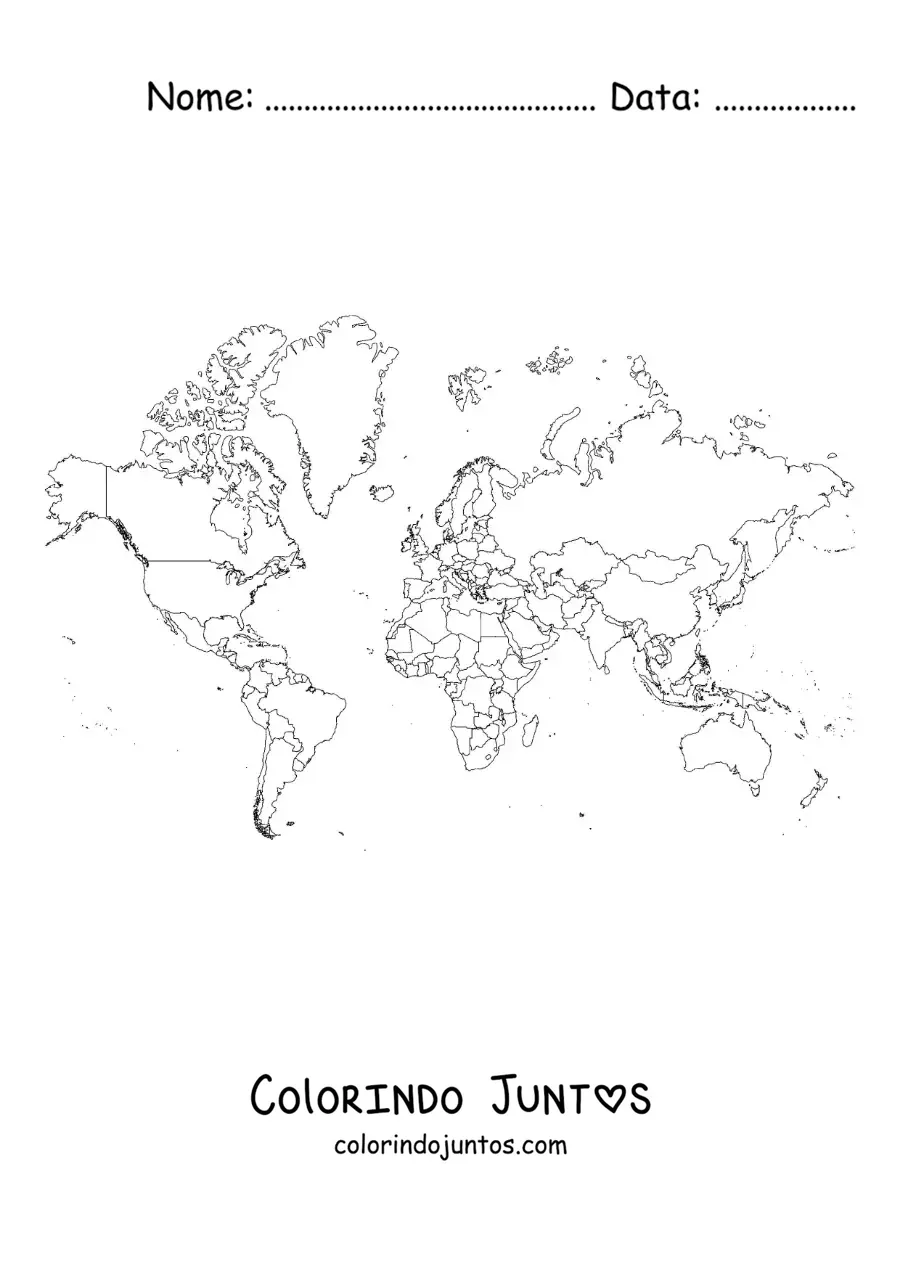 Desenho para colorir de mapa-múndi político de Mercator