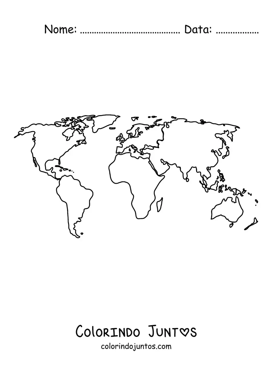 Desenho para colorir de mapa-múndi com os continentes