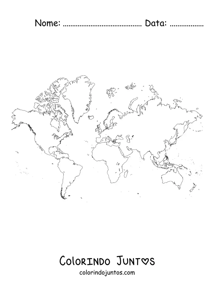Desenho para colorir da projeção do mapa-múndi de Mercator