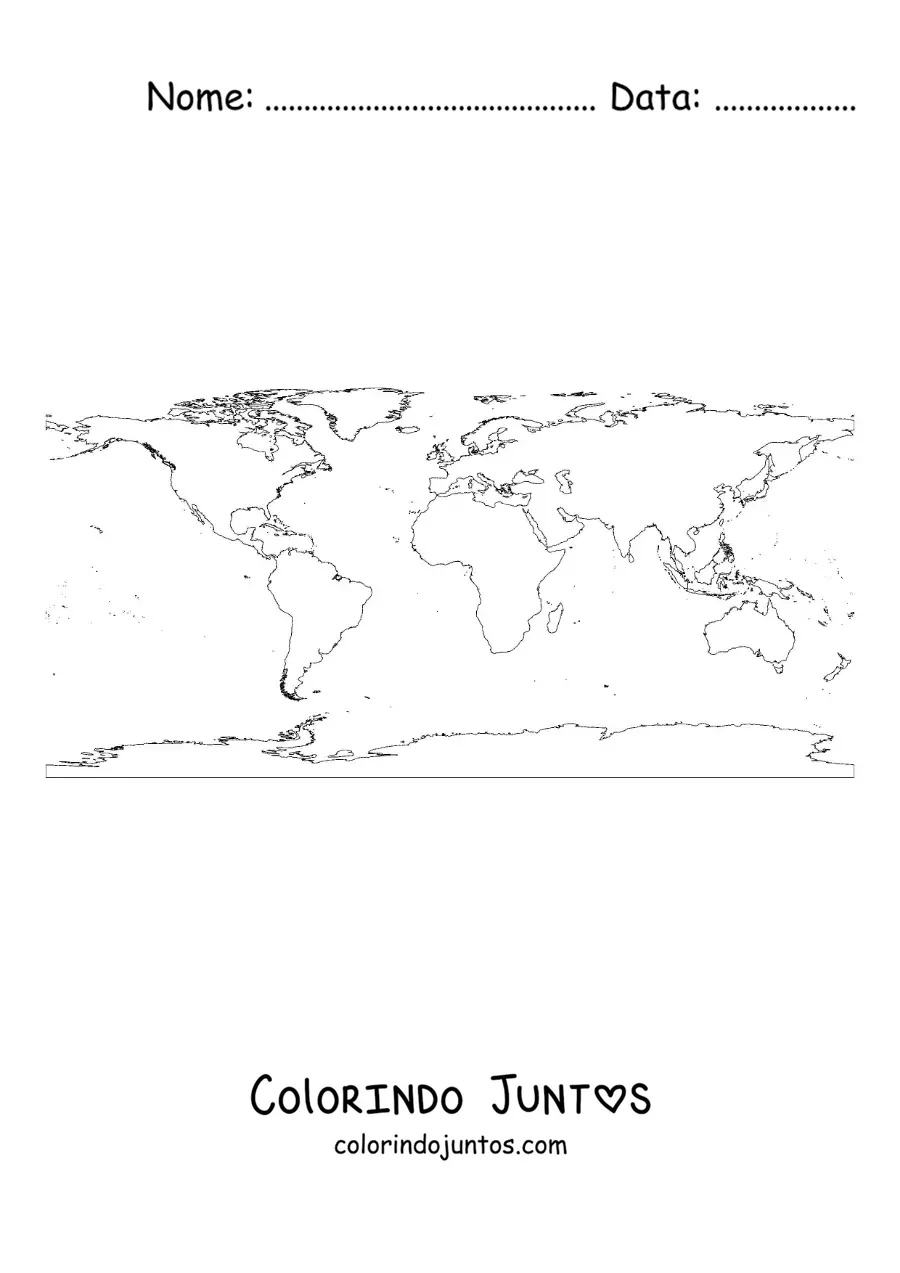 Desenho para colorir de mapa do mundo com projeção equirretangular