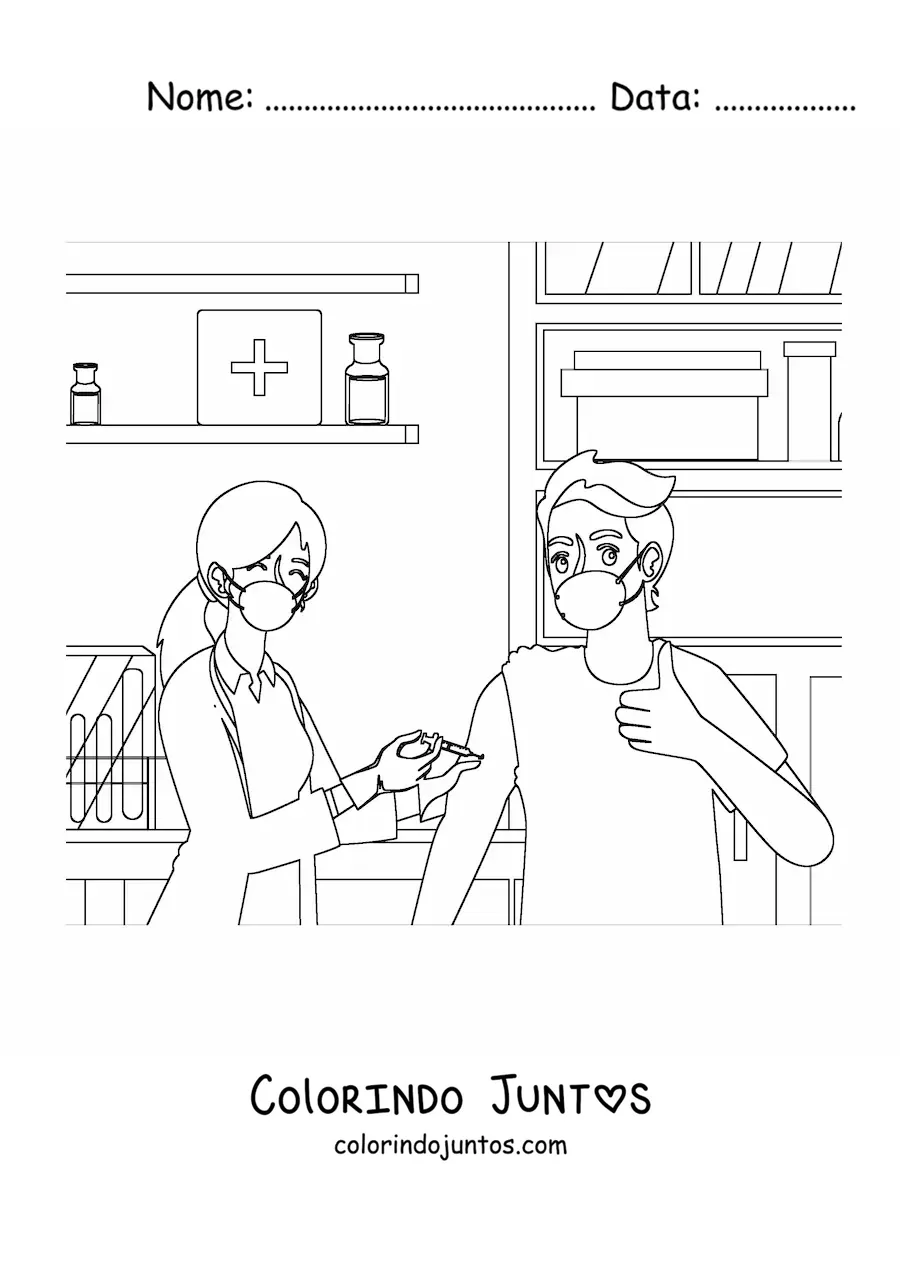 Desenho para colorir de uma medica vacinando um paciente em um consultorio