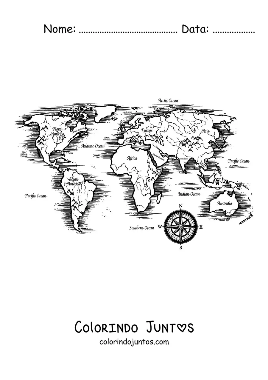 Desenho para colorir de planisfério com os continentes