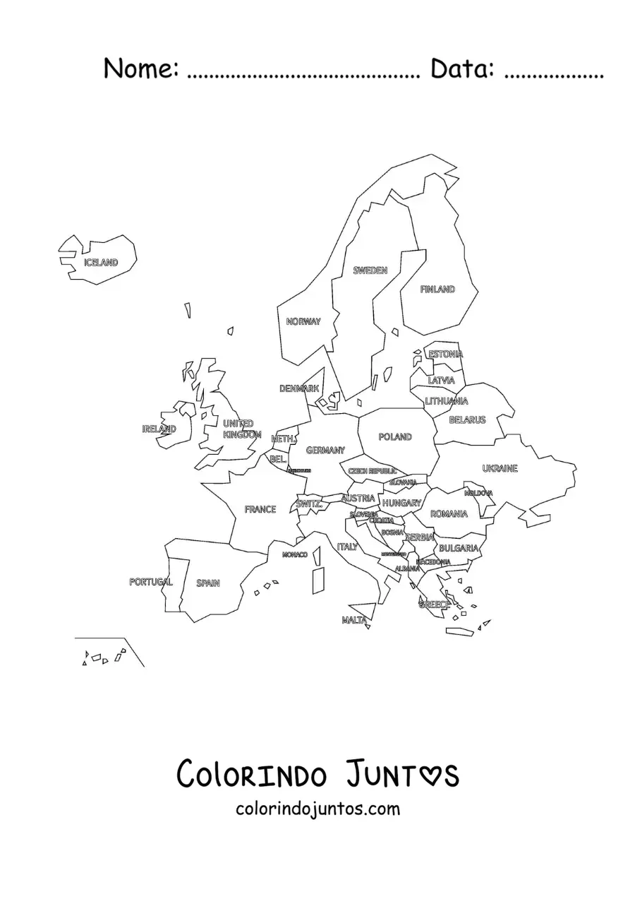 Desenho para colorir de mapa do continente europeu com nomes