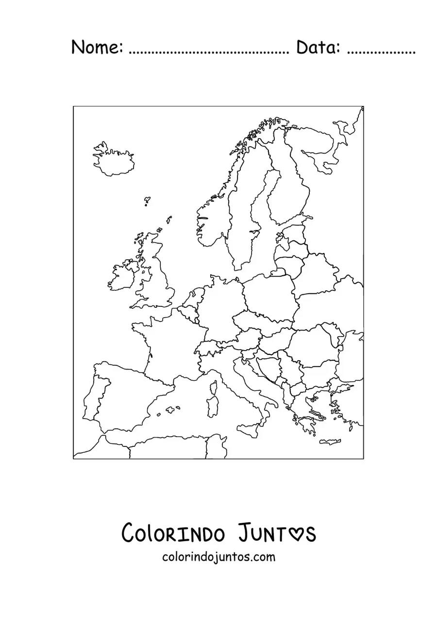 Desenho para colorir de mapa político do continente europeu