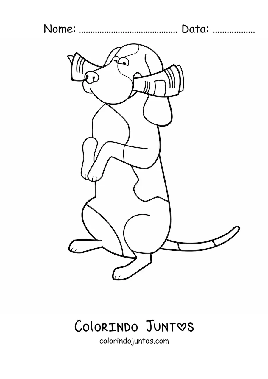 Desenho para colorir de um basset hound em duas patas mordendo um jornal