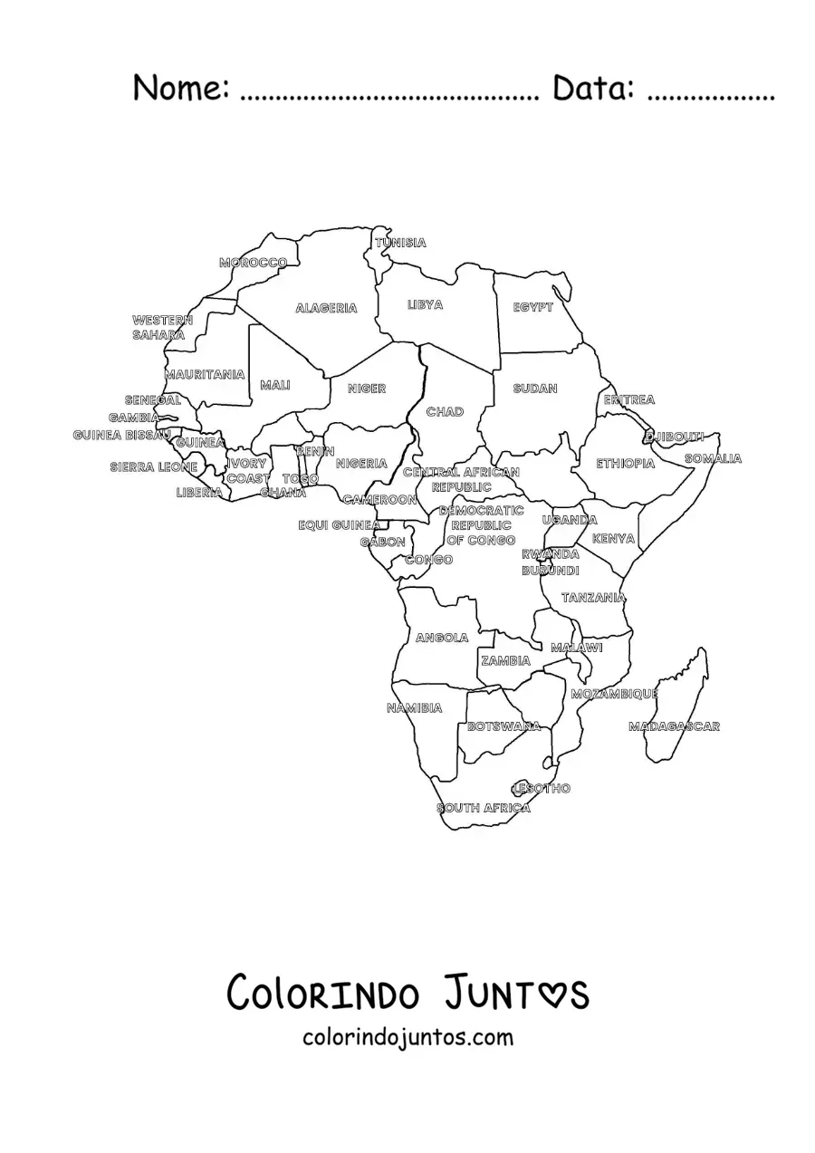 Desenho para colorir de mapa político da África com nomes