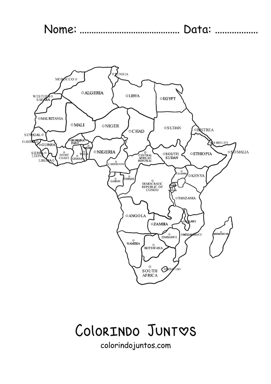 Desenho para colorir de mapa do continente africano com nomes