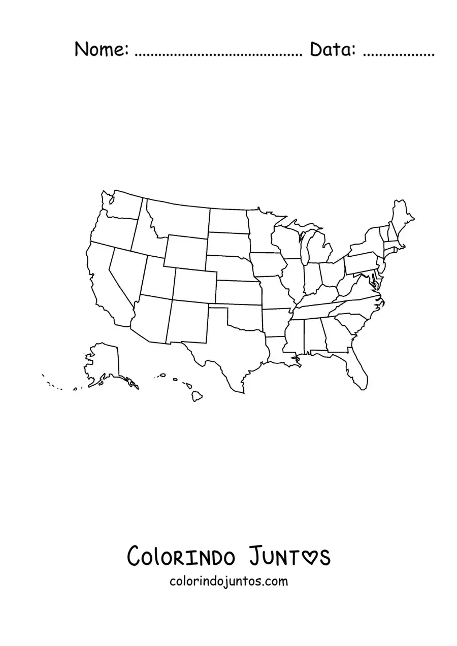 Desenho para colorir de mapa político dos Estados Unidos