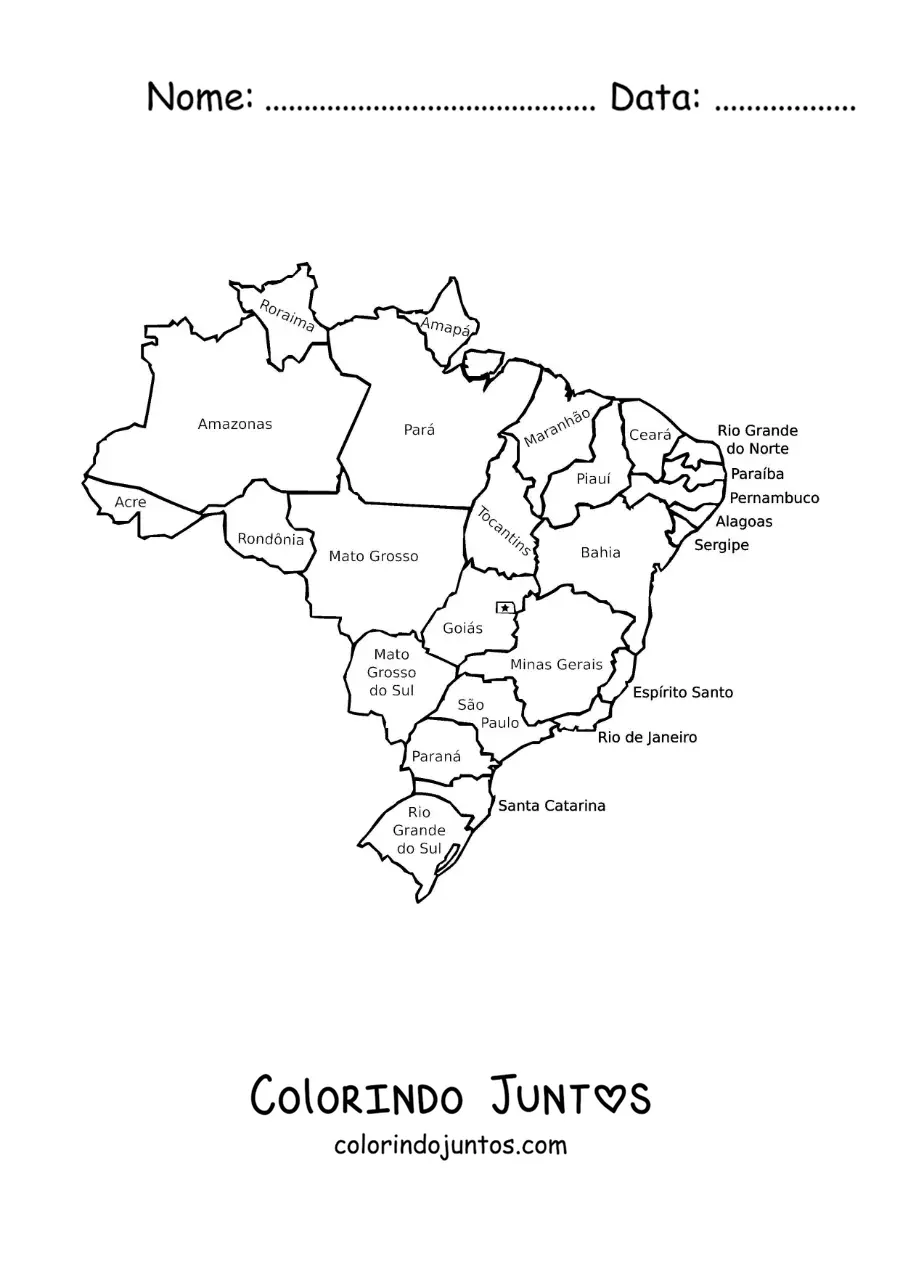 Desenho para colorir de mapa político do Brasil com nomes