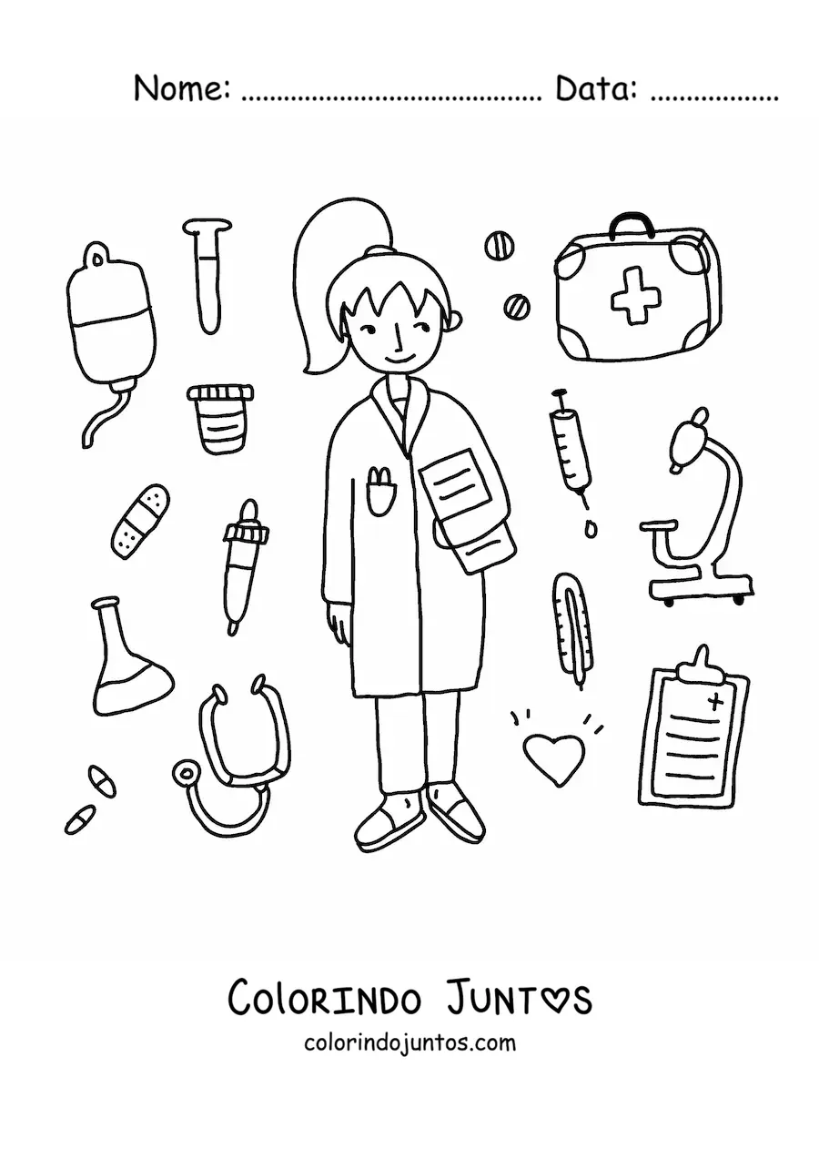 Desenho para colorir de uma medica animada rodeada de instrumentos medicos