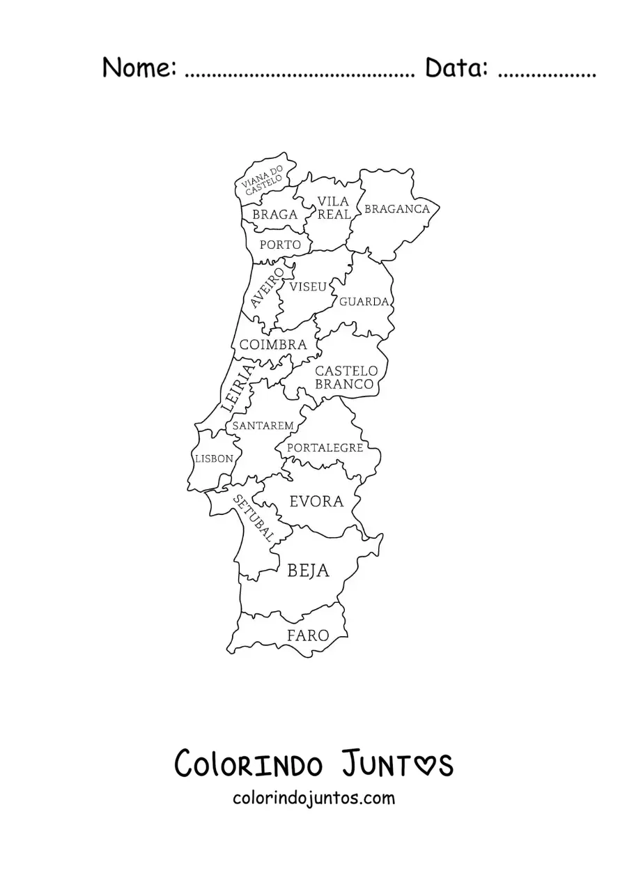 Desenho para colorir de mapa político de Portugal com nomes