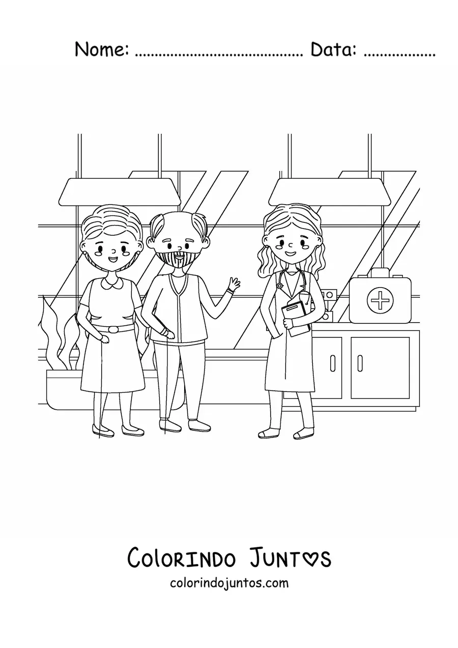 Desenho para colorir de uma medica e dois pacientes idosos em um consultorio medico