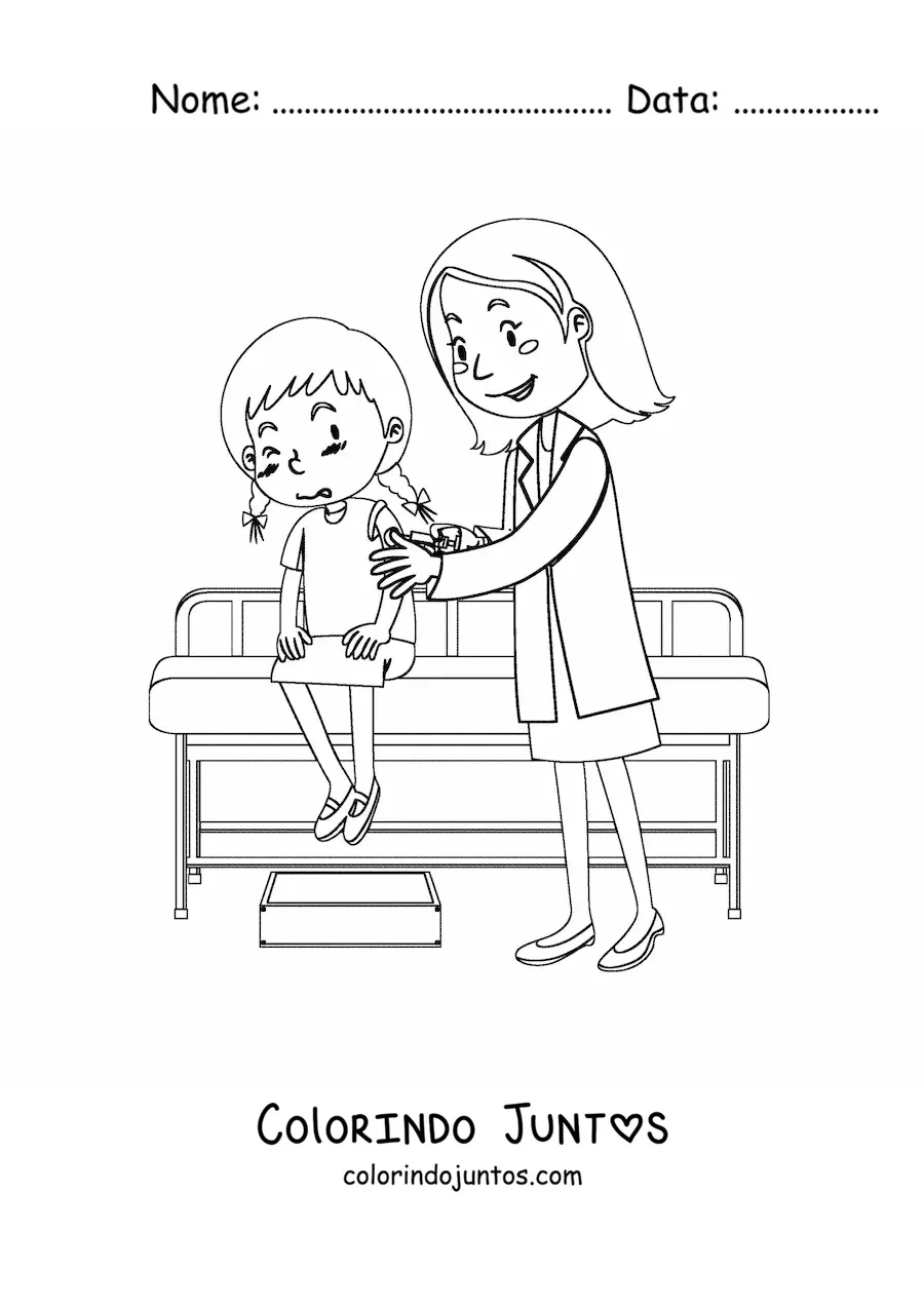 Desenho para colorir de uma pediatra aplicando uma injecao em uma menina