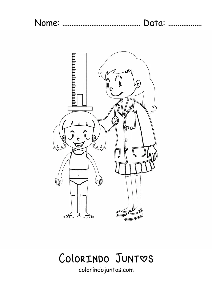 Desenho para colorir de uma pediatra medindo a altura de uma menina