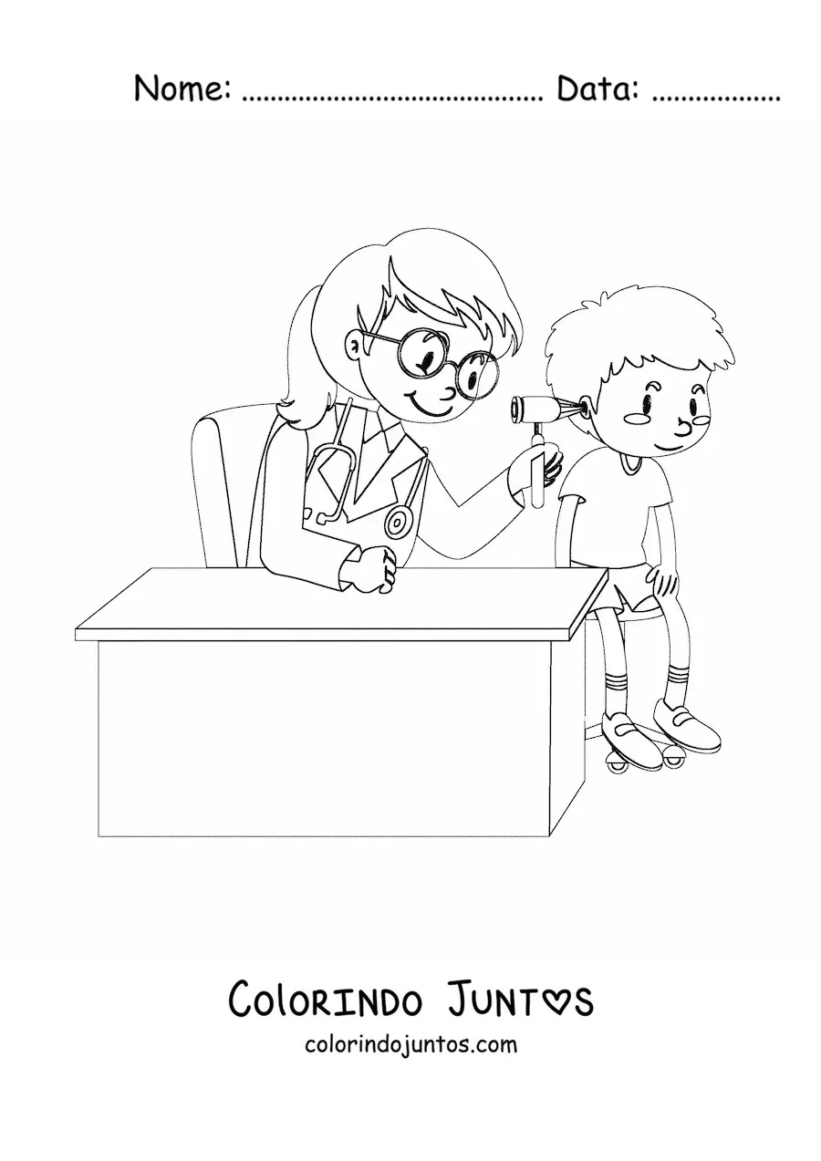 Desenho para colorir de uma pediatra examinando o ouvido de um menino no consultorio