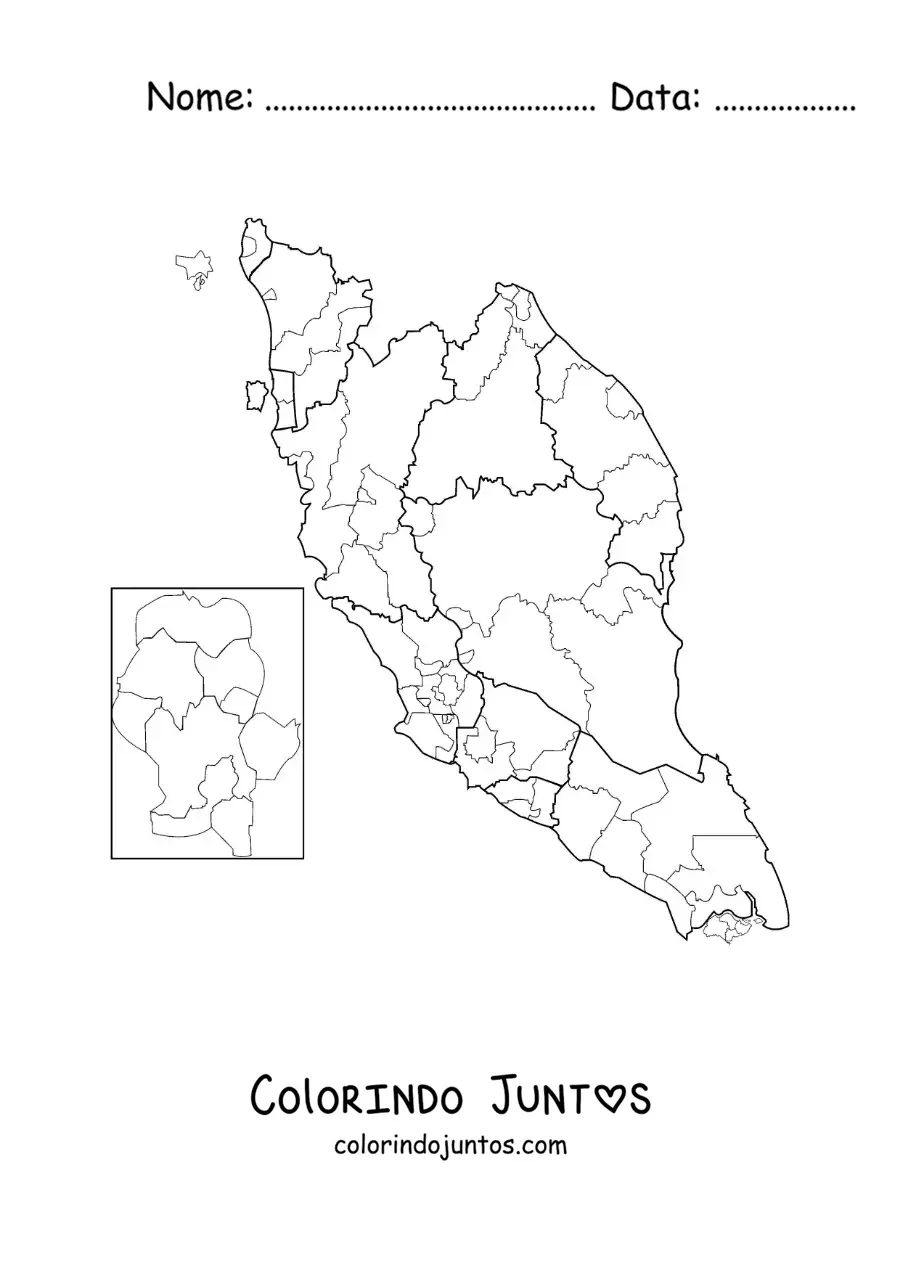 Desenho para colorir de mapa político da Malásia
