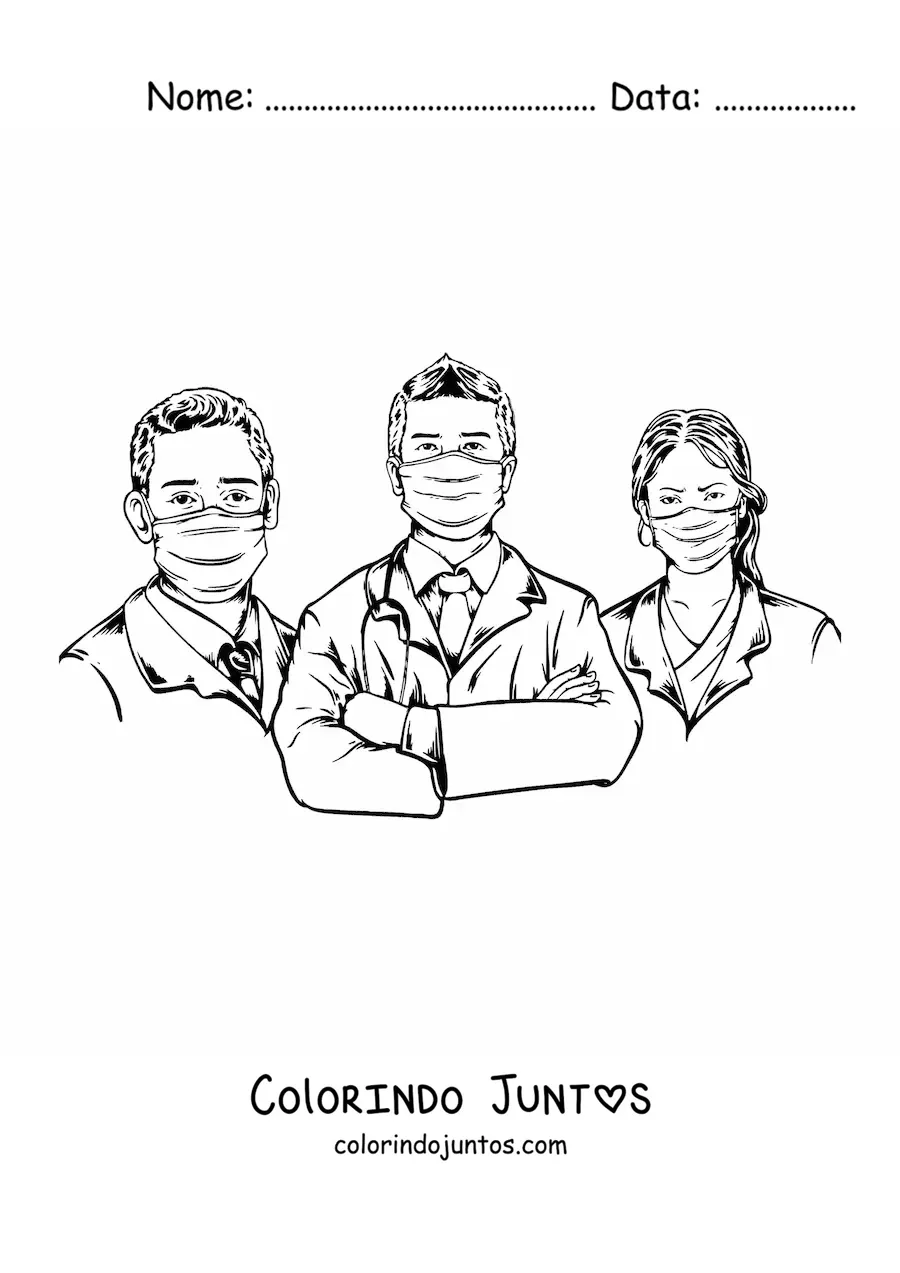 Desenho para colorir de tres medicos de mascara