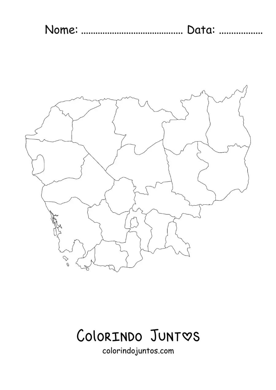 Desenho para colorir de mapa político do Camboja