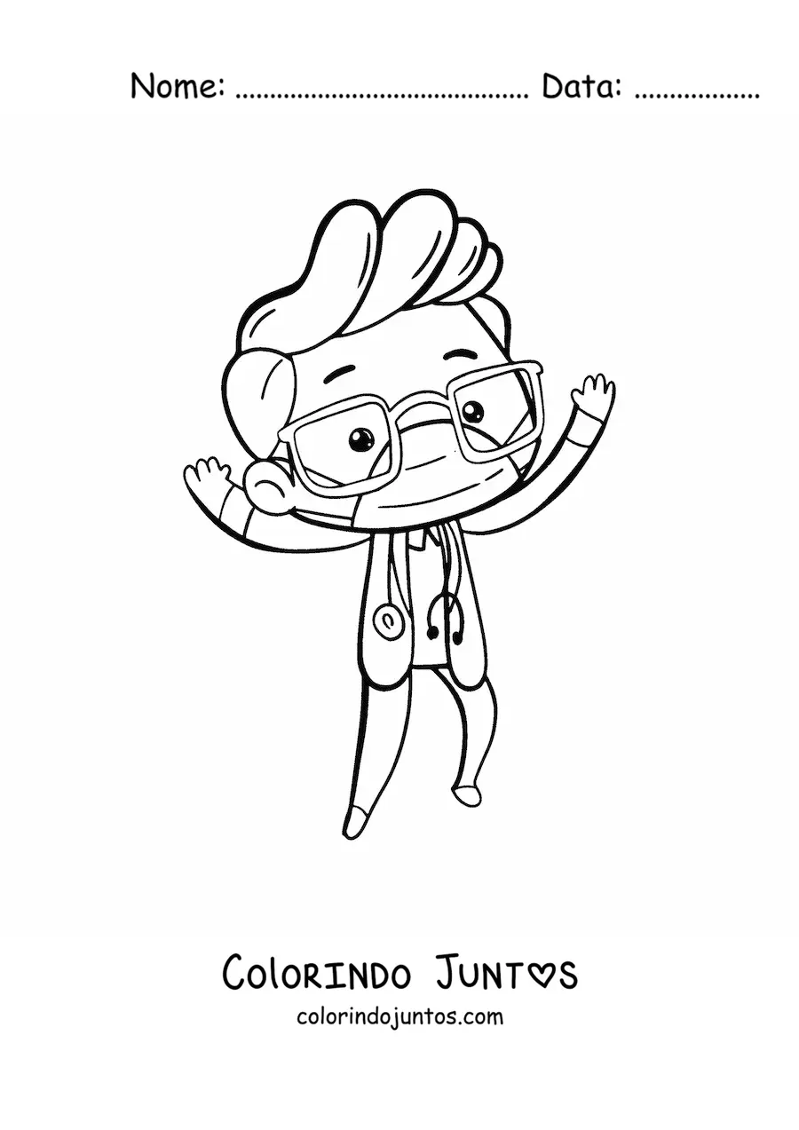 Desenho para colorir de um medico kawaii de jaleco e com estetoscopio