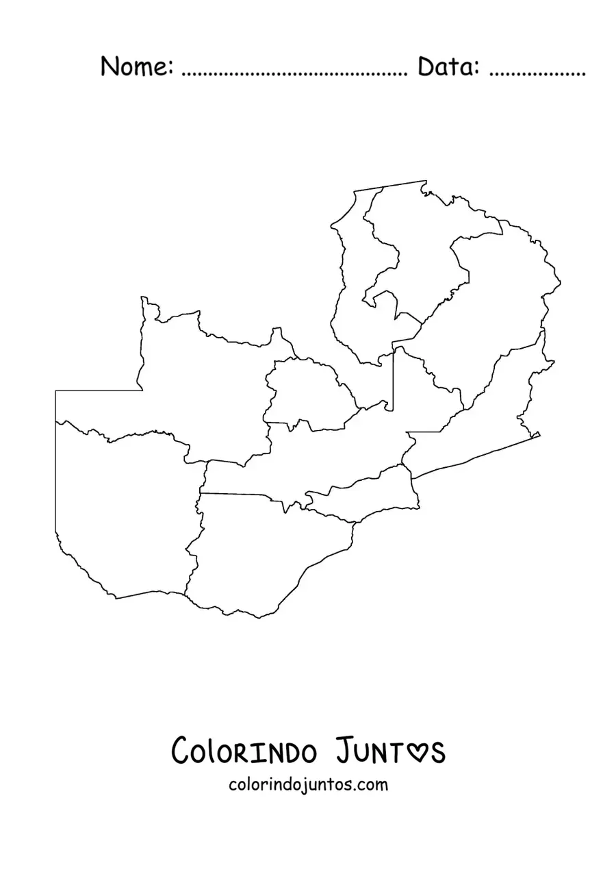 Desenho para colorir de mapa político da Zâmbia