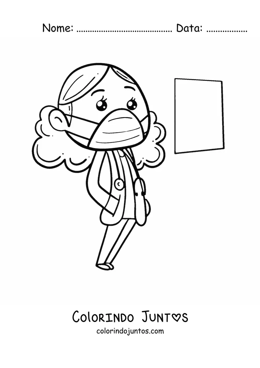 Desenho para colorir de uma medica kawaii de jaleco e mascara