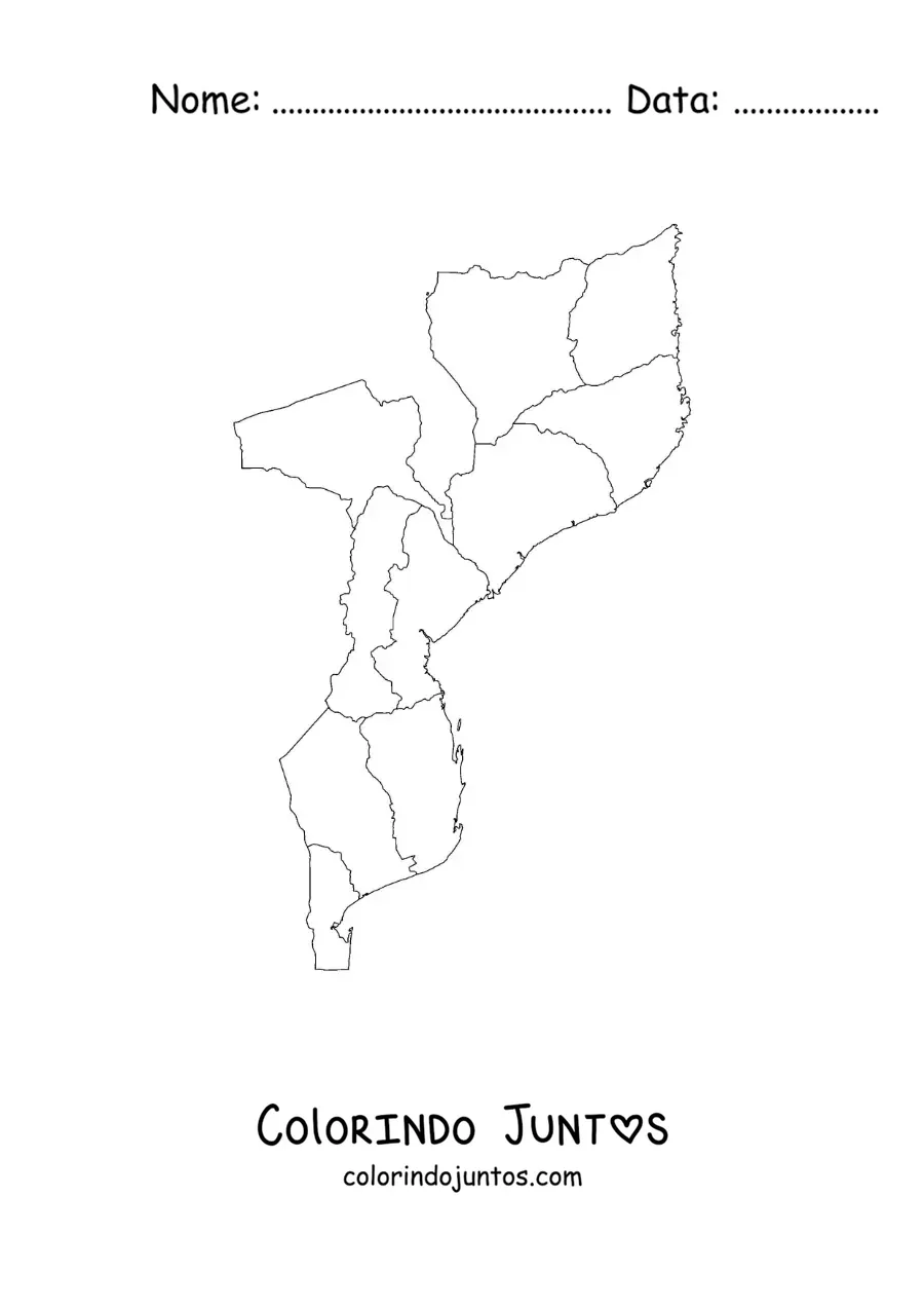 Desenho para colorir de mapa político de Moçambique