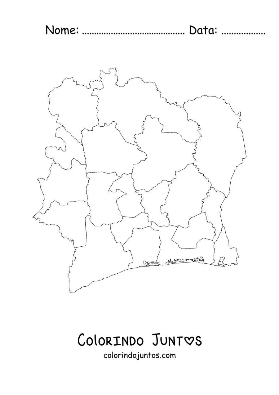 Desenho para colorir de mapa político da Costa do Marfim