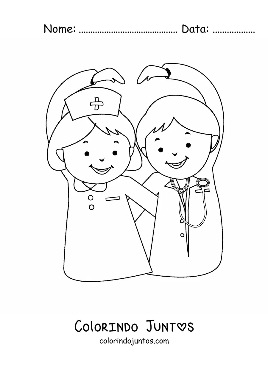 Desenho para colorir de um medico e uma enfermeira animada