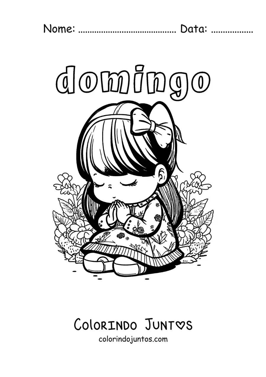 Desenho para colorir do domingo com uma menina ajoelhada rezando