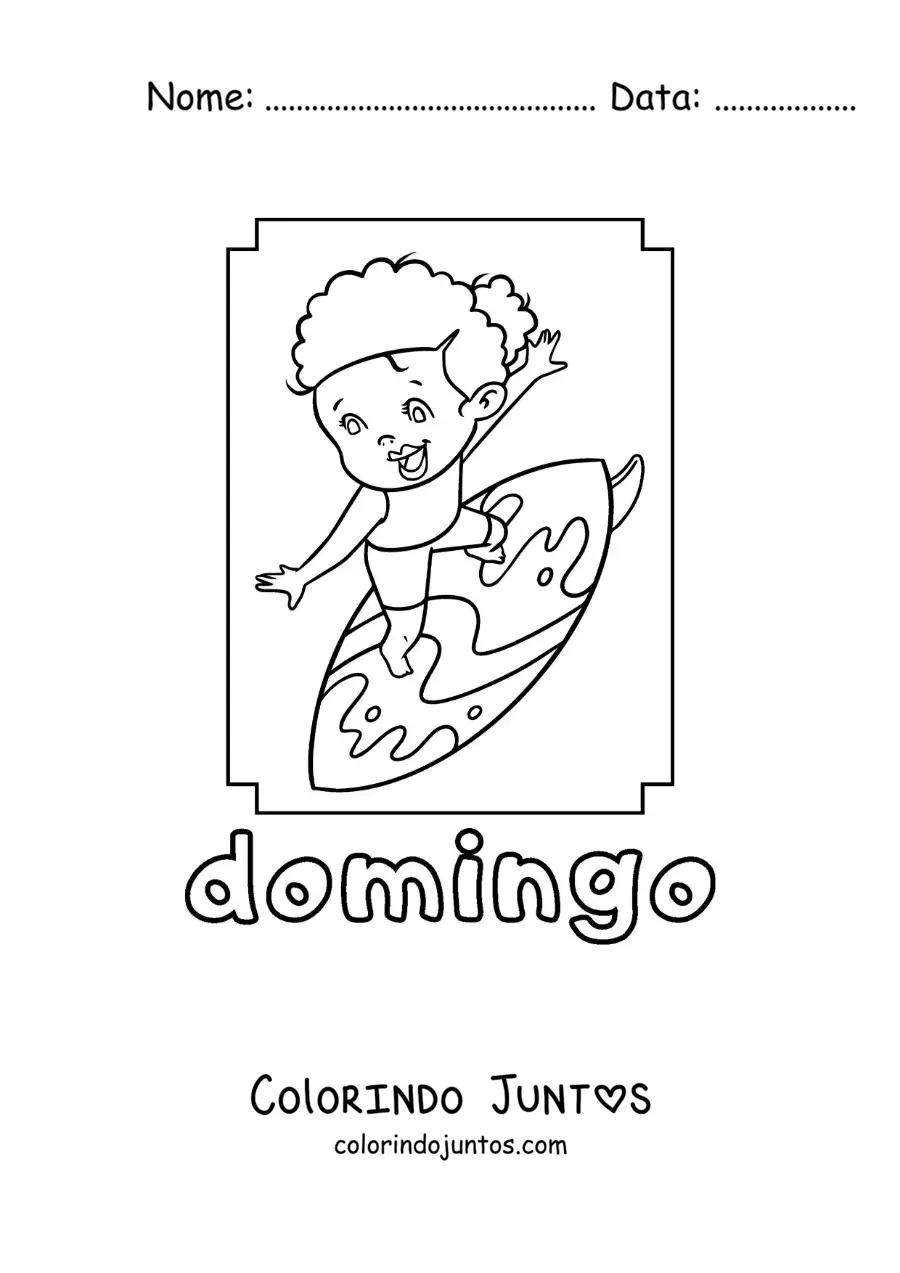 Desenho para colorir do domingo com uma menina surfando