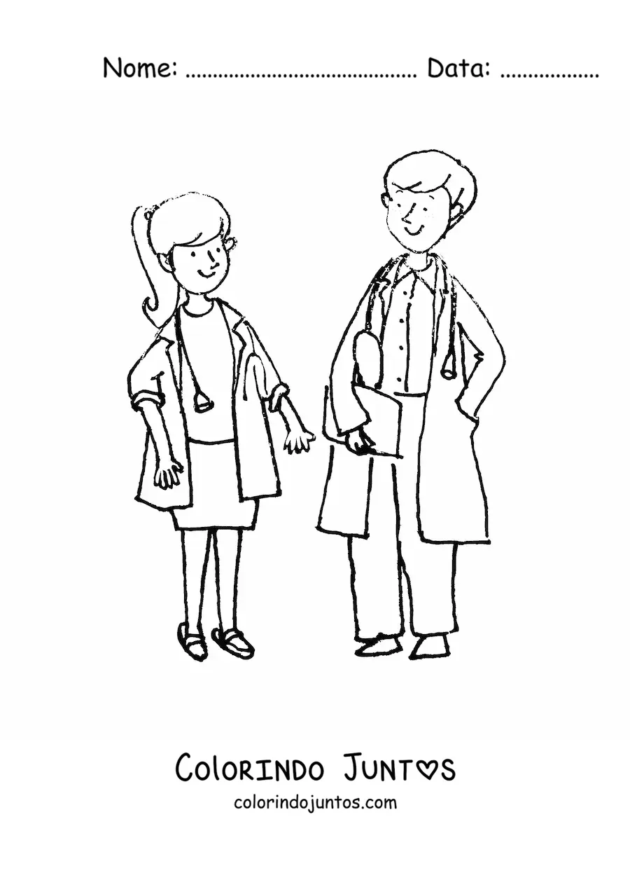 Desenho para colorir de um casal de medicos