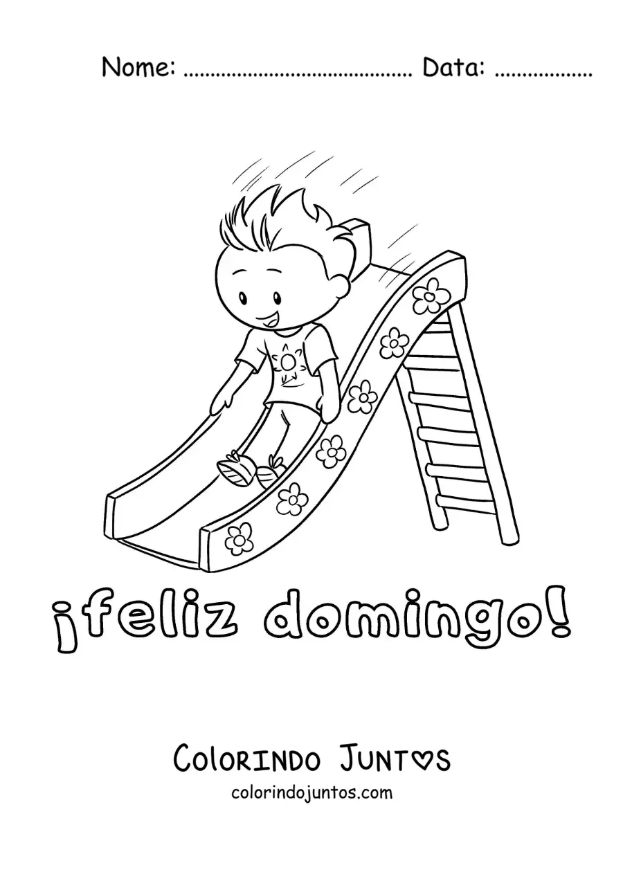 Desenho para colorir de feliz domingo com um menino brincando em um escorregador
