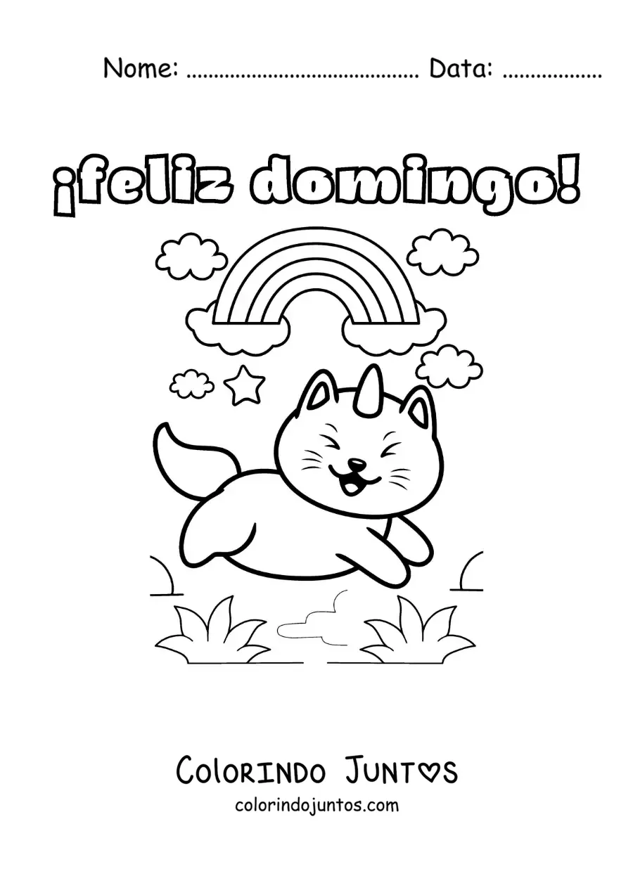 Desenho para colorir de feliz domingo com um gato unicórnio kawaii animado e um arco-íris