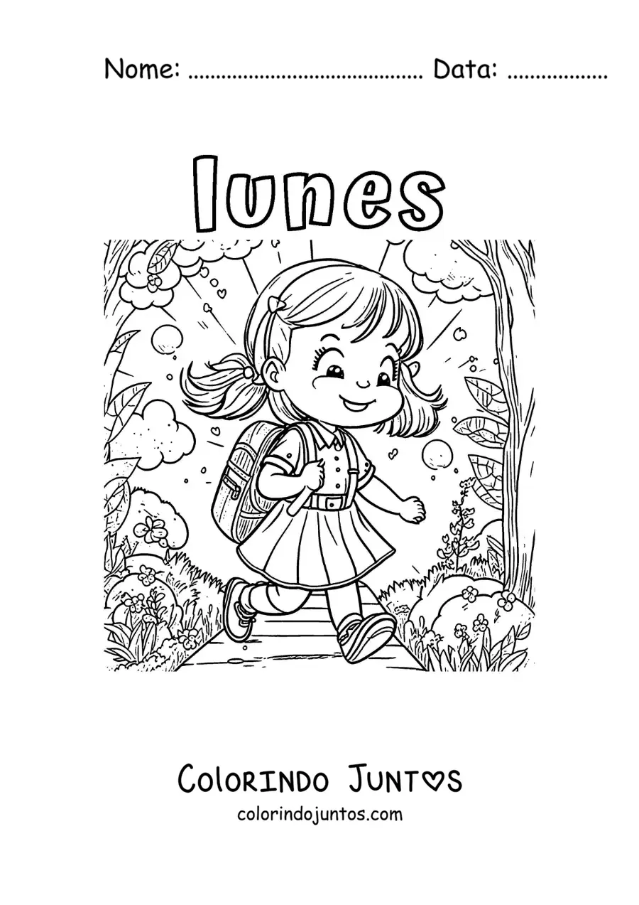 Desenho para colorir da segunda-feira com uma menina indo a pé para a escola