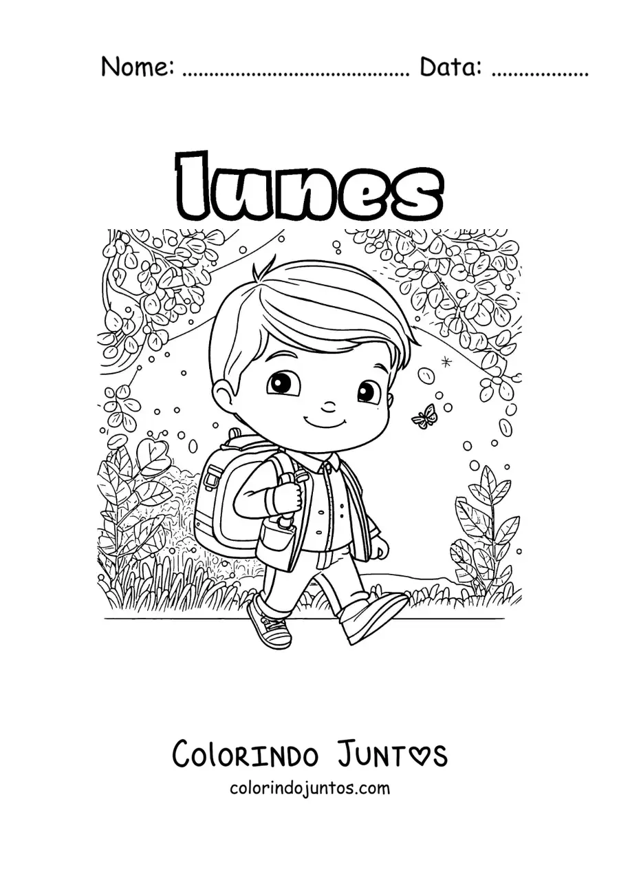 Desenho para colorir da segunda-feira com um menino indo a pé para a escola