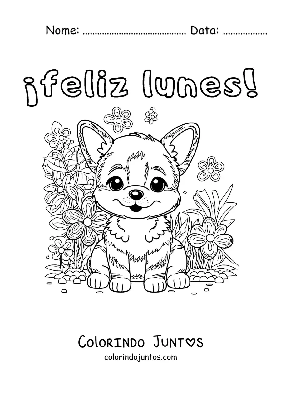 Desenho para colorir de feliz segunda-feira com um cachorro kawaii animado com flores