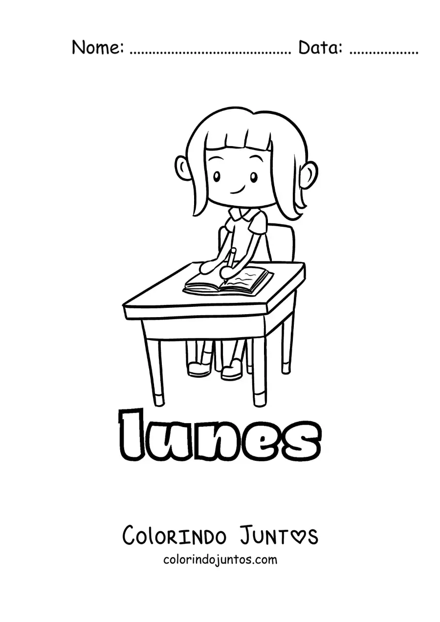 Desenho para colorir da segunda-feira com uma menina estudando na escola