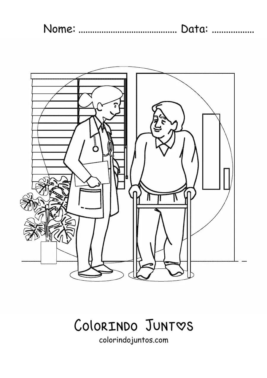 Desenho para colorir de um medico conversando com um paciente idoso em um consultorio