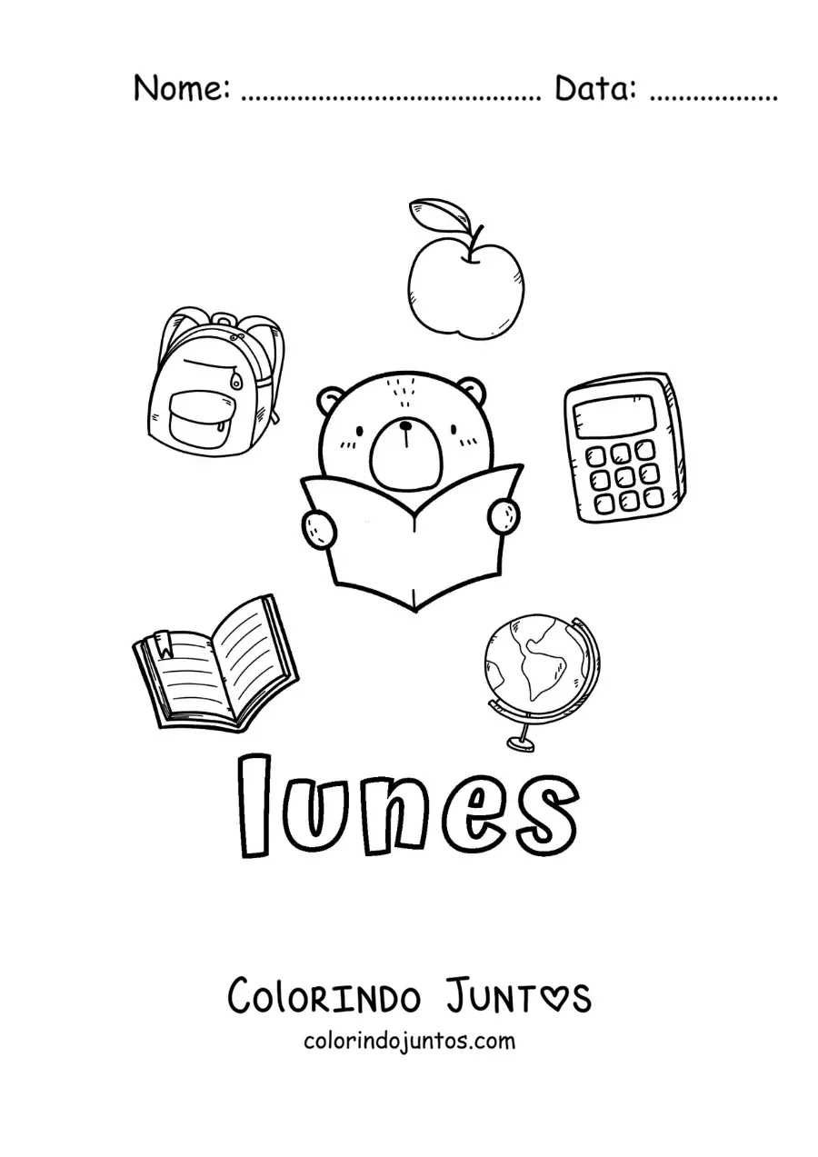 Desenho para colorir da segunda-feira com material escolar e um urso animado estudando