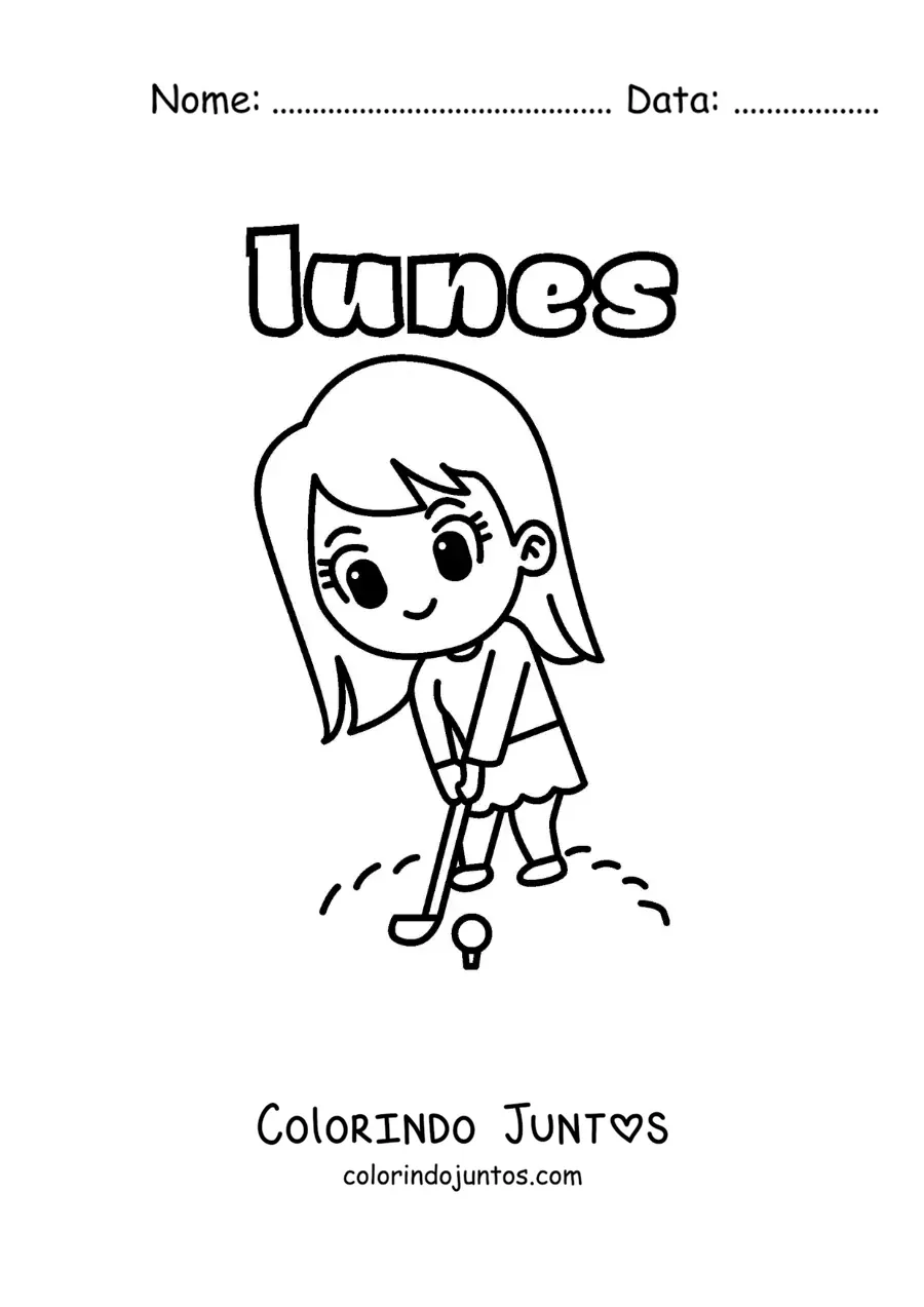 Desenho para colorir da segunda-feira com uma menina jogando golfe