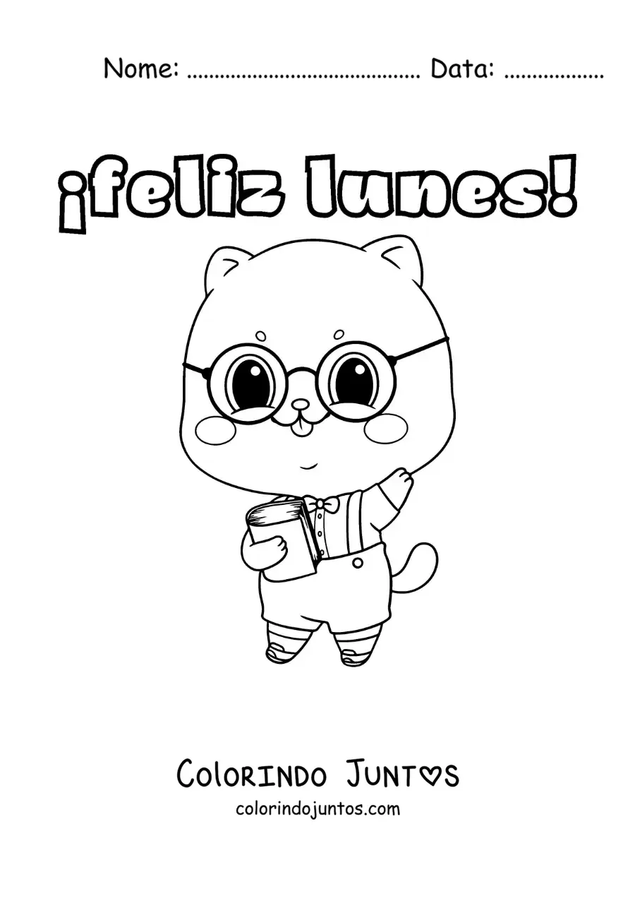 Desenho para colorir de feliz segunda-feira com um gato estudioso kawaii animado