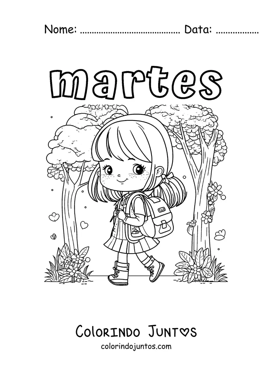 Desenho para colorir da terça-feira com uma menina a caminho da aula