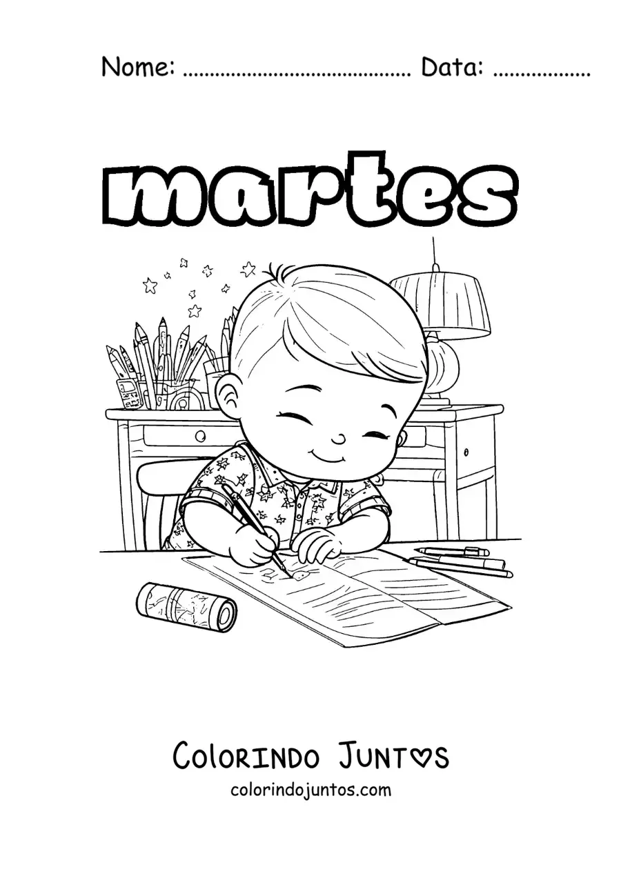 Desenho para colorir da terça-feira com um menino fazendo a tarefa