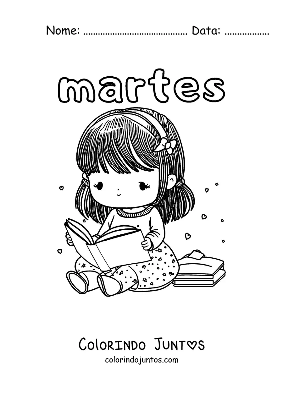 Desenho para colorir da terça-feira com uma menina lendo um livro