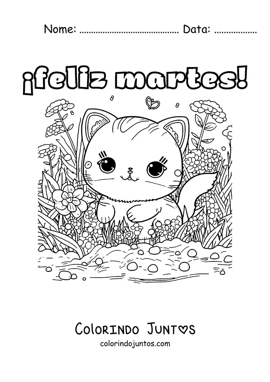Desenho para colorir de feliz terça-feira com um gato fofo com flores
