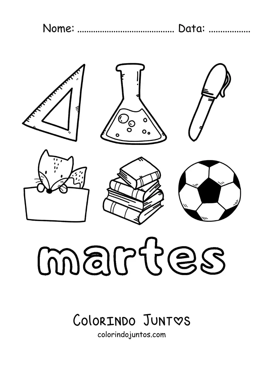 Desenho para colorir da terça-feira com material escolar