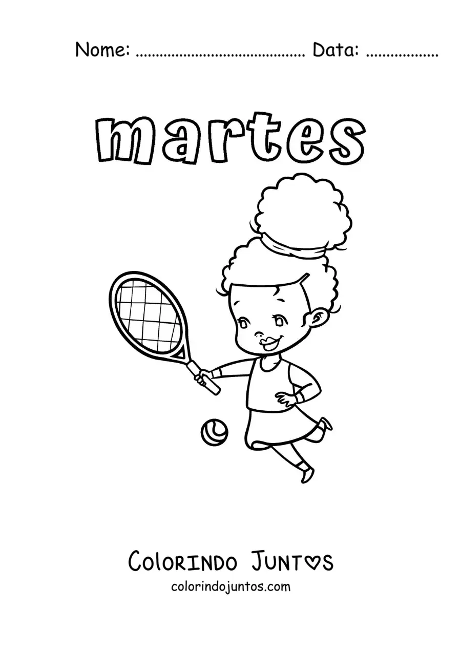 Desenho para colorir da terça-feira com uma menina jogando tênis